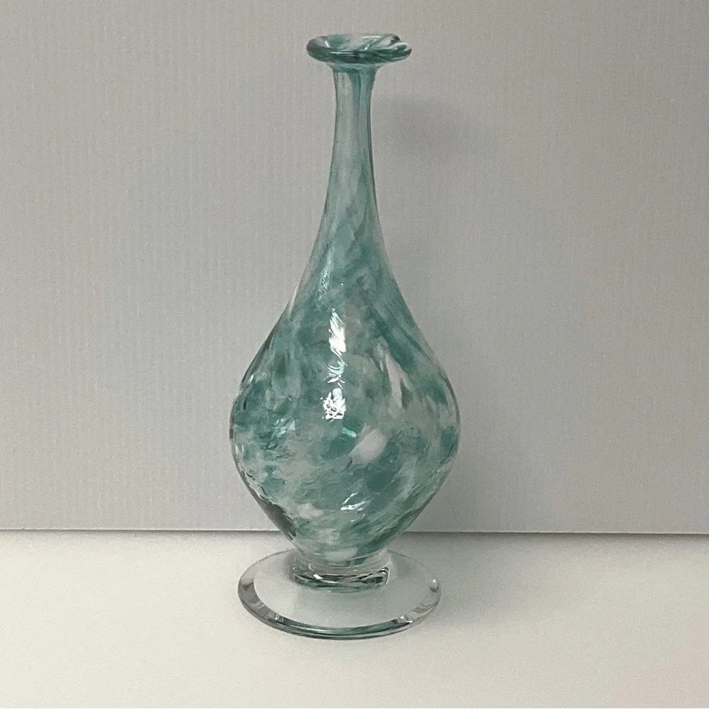LC ROFF Vase Hand Blown Glass Teardrop Signed Swirls 9” Tall Aqua